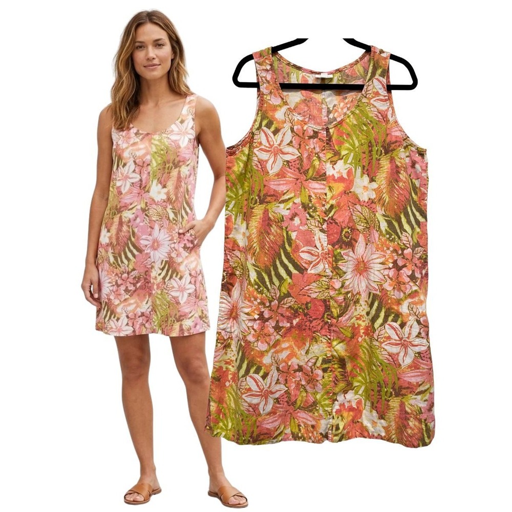J. Jill Love‎ Linen Tropical Floral Shift Dress Sleeveless Pockets Size Large